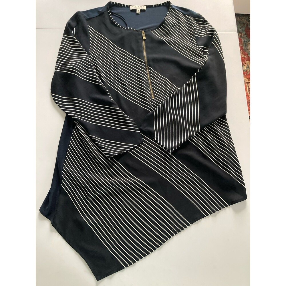 Chaus NY Top Medium Black White Striped Asymmetrical Front Zip Good Condition - Picture 9 of 16